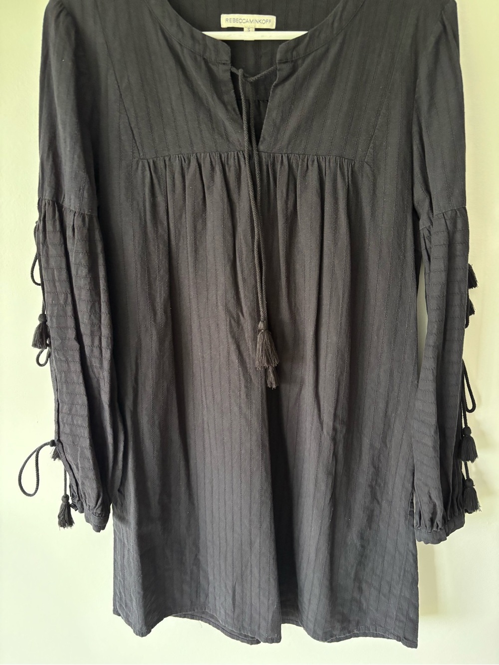 Rebecca Minkoff Black Cotton Peasant Mini Dress Long Sleeve Tie Arms Cottagecore - Picture 3 of 8